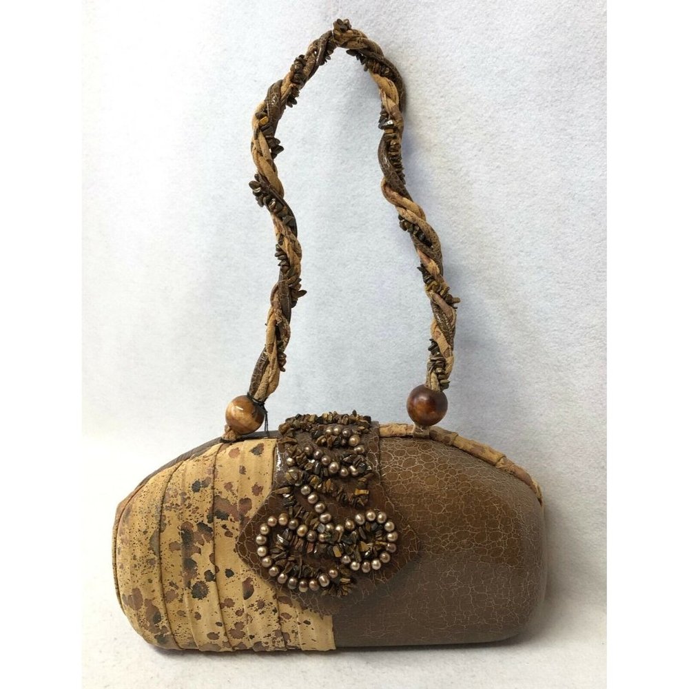 Timmy Woods Veneto Brown Speckled Leather Tiger Eye Stones Pearls Purse NWT